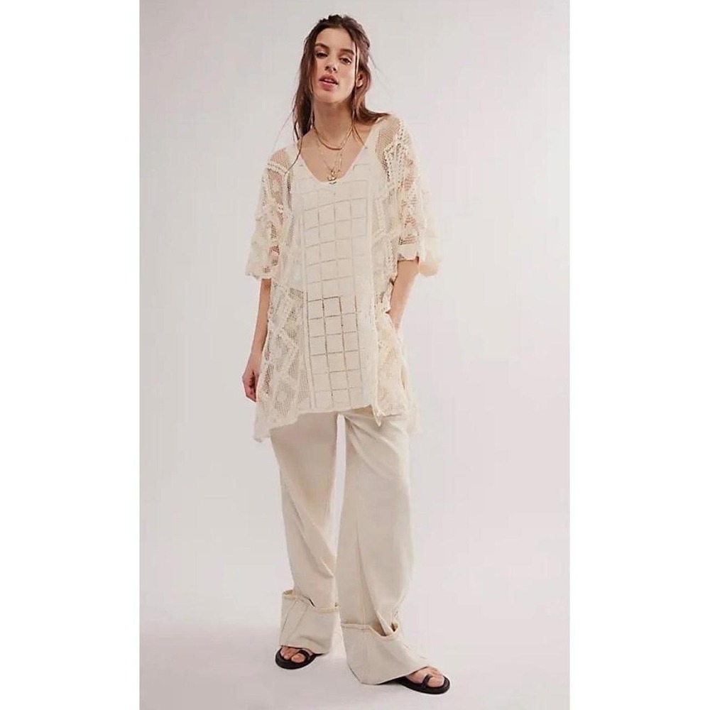 Free People Sunshine Crochet Kaftan Ivory Lace Sheer Kimono Wrap OS Boho Coverup